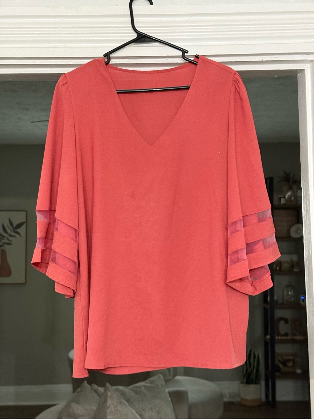 Women's Coral V-Neck Flutter Sleeve Blouse